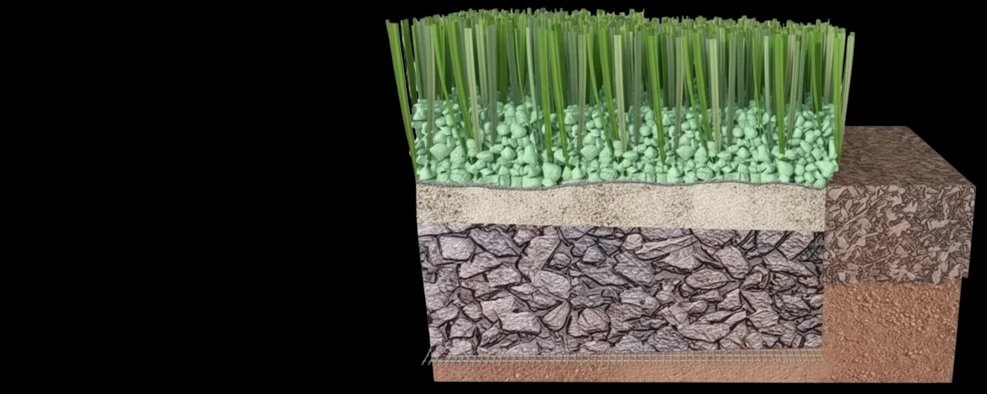 Artificial grass cross section showing installation layers