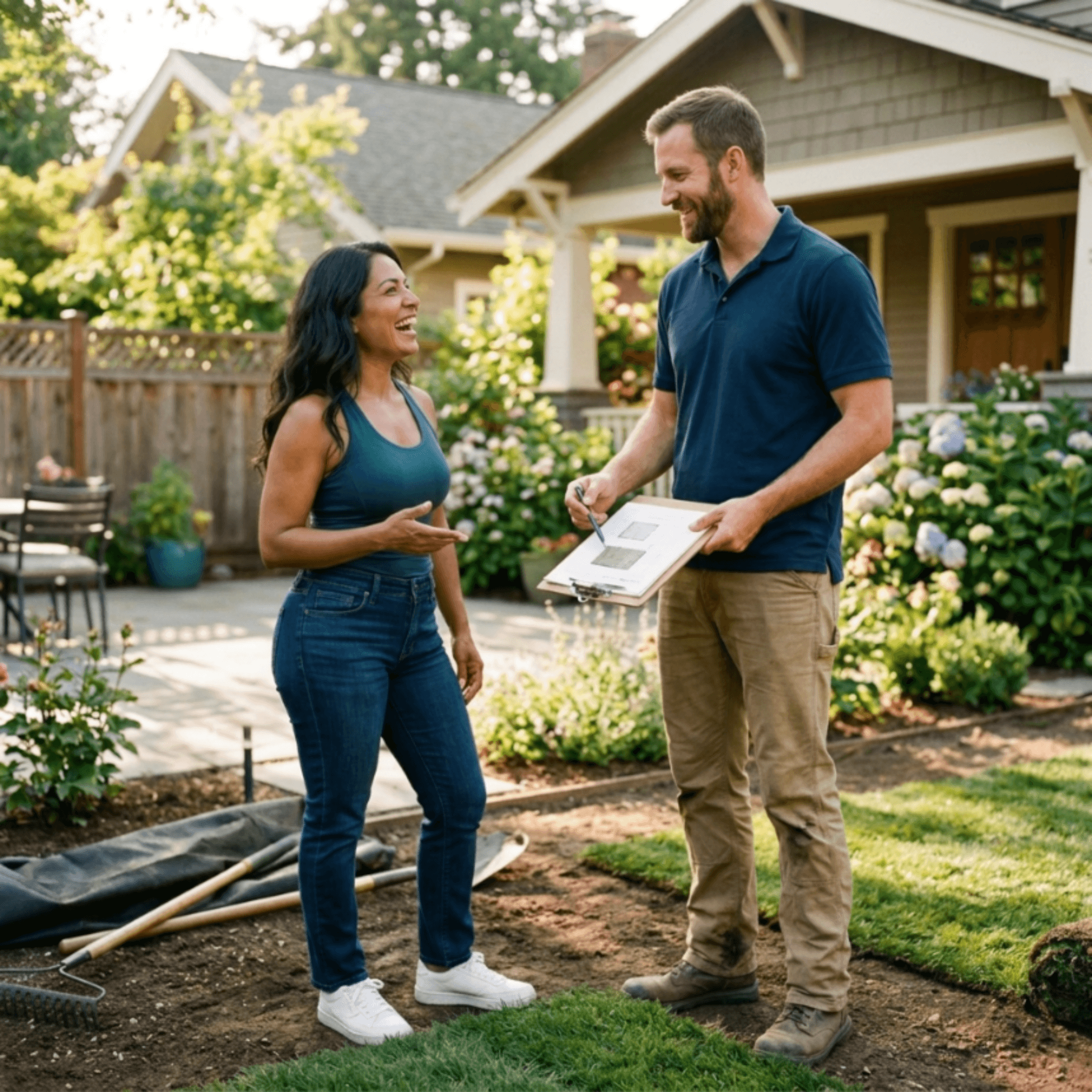 Turf World installer consulting with a homeowner in their yard